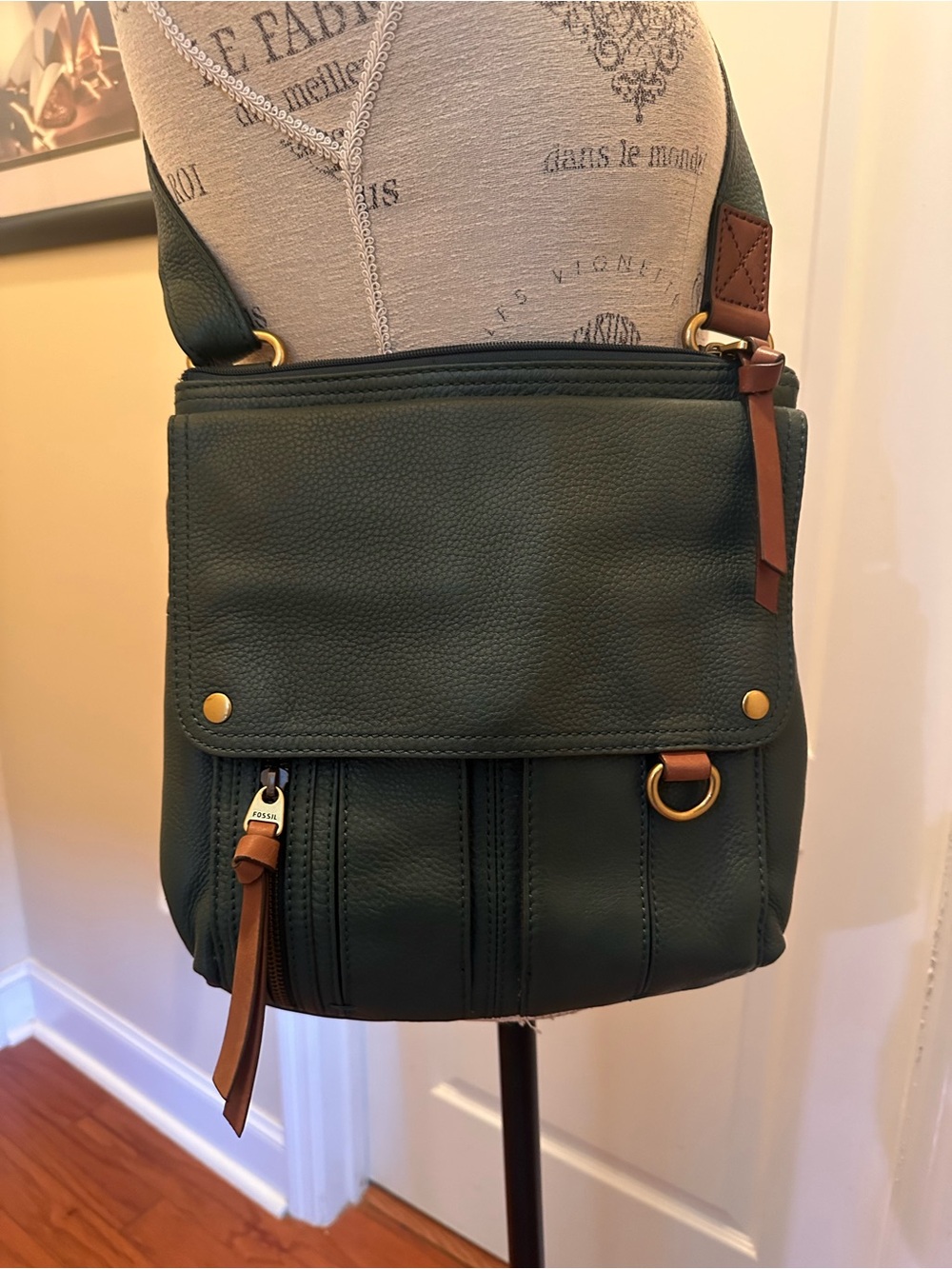 Fossil Forest Green Leather Messenger with Brown Trim